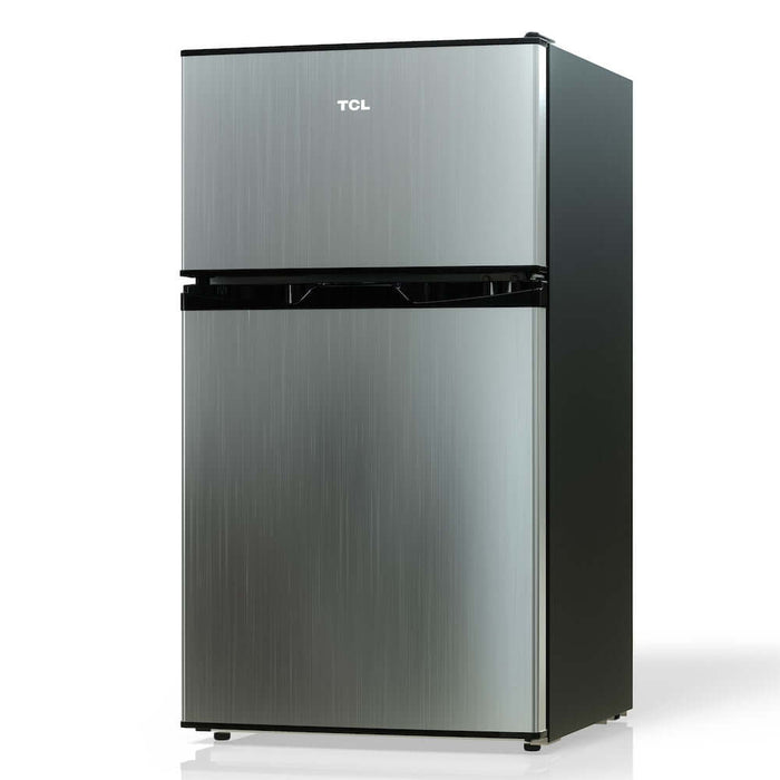 TCL 18 in. 3.1 Cu. Ft. Compact Top Freezer Mini Fridge in Silver (TRM31D4AV) front, side.