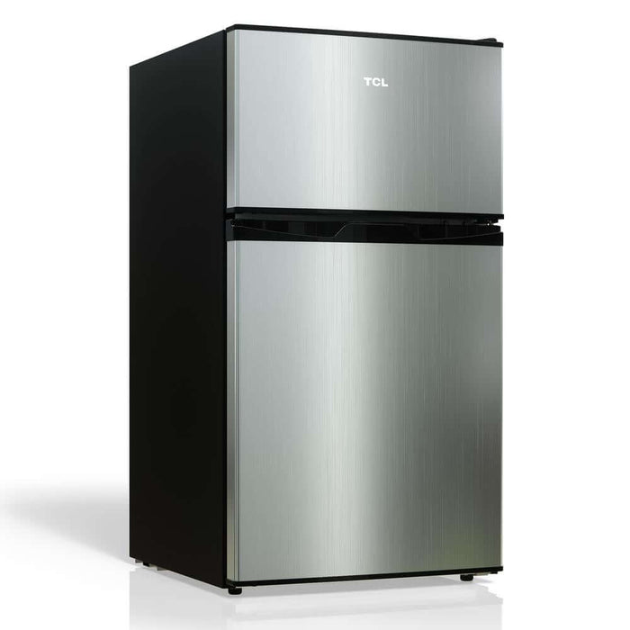 TCL 18 in. 3.1 Cu. Ft. Compact Top Freezer Mini Fridge in Silver (TRM31D4AV) reverse side.