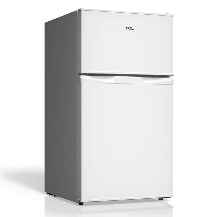 TCL 18 in. 3.1 Cu. Ft. Compact Top Freezer Mini Fridge in White (TRM31D4AW) reverse angled.