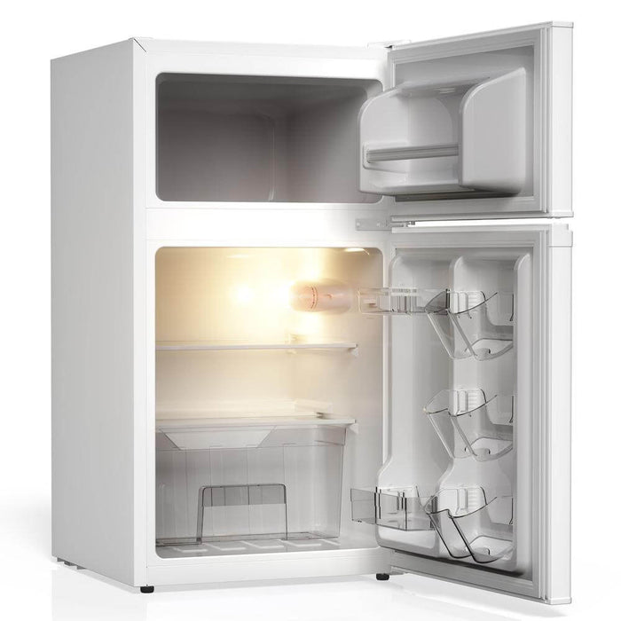 TCL 18 in. 3.1 Cu. Ft. Compact Top Freezer Mini Fridge in White (TRM31D4AW) with open doors on a white background