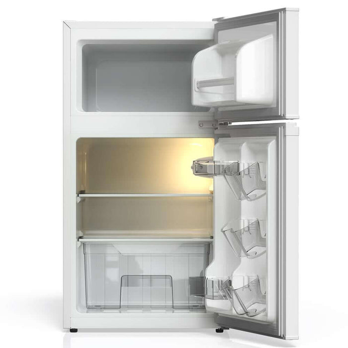 Open TCL 18 in. 3.1 Cu. Ft. Compact Top Freezer Mini Fridge in White (TRM31D4AW) with interior lights on a white background