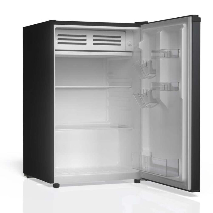 TCL 21 in. 4.5 Cu. Ft. Compact Single Door Mini Fridge in Black (TRM45S4AB) with open door on a white background