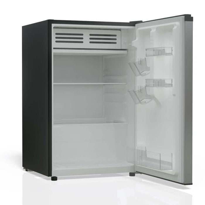 TCL 21 in. 4.5 Cu. Ft. Compact Single Door Mini Fridge in Silver (TRM45S4AV) with open door on a white background
