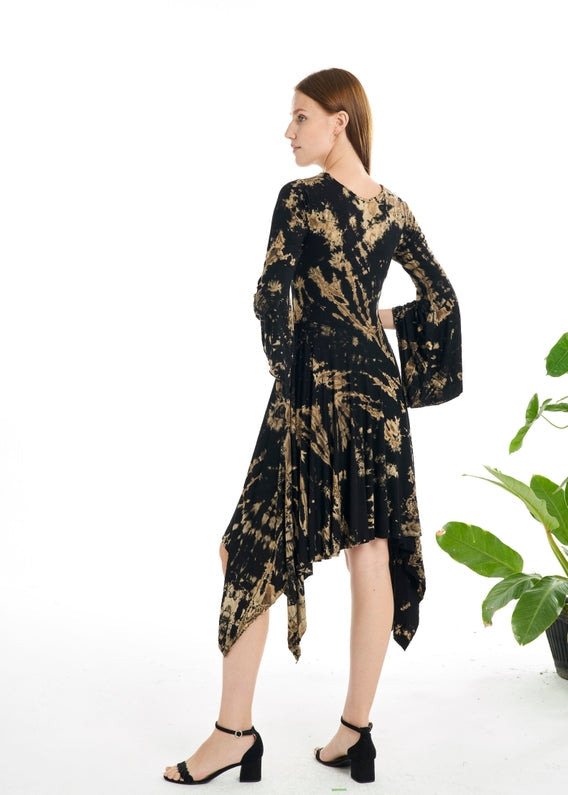 Tie-Dye Dress ~ Bell Sleeves & Hankie Hem ~ Brown & Black