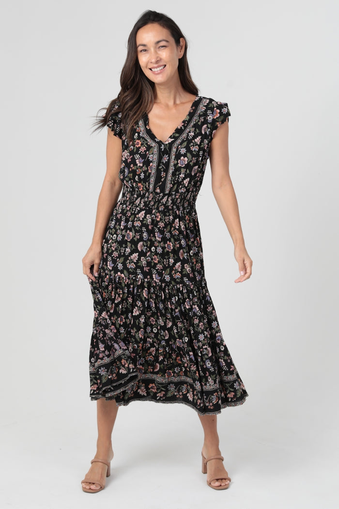 Tiered Dress with Flutter Sleeves ~ Black Print