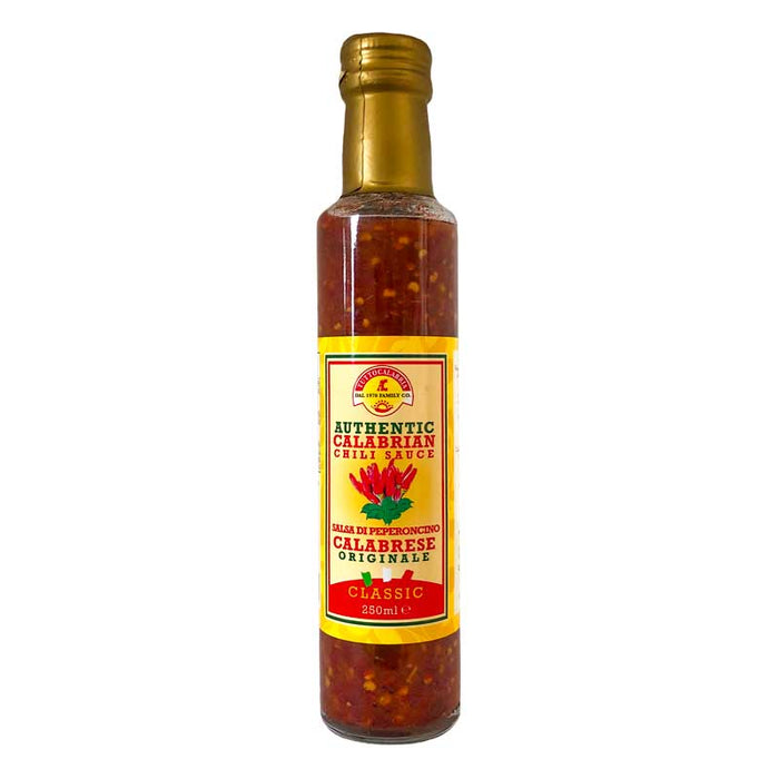A 250ml bottle of Tutto Calabria Authentic Calabrian Chili Sauce with yellow and red branding, pictured on a white background