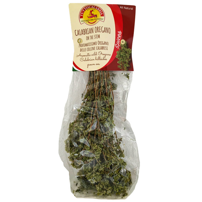 A pack of Tutto Calabria Calabrian Dried Oregano on the Stem in a clear bag