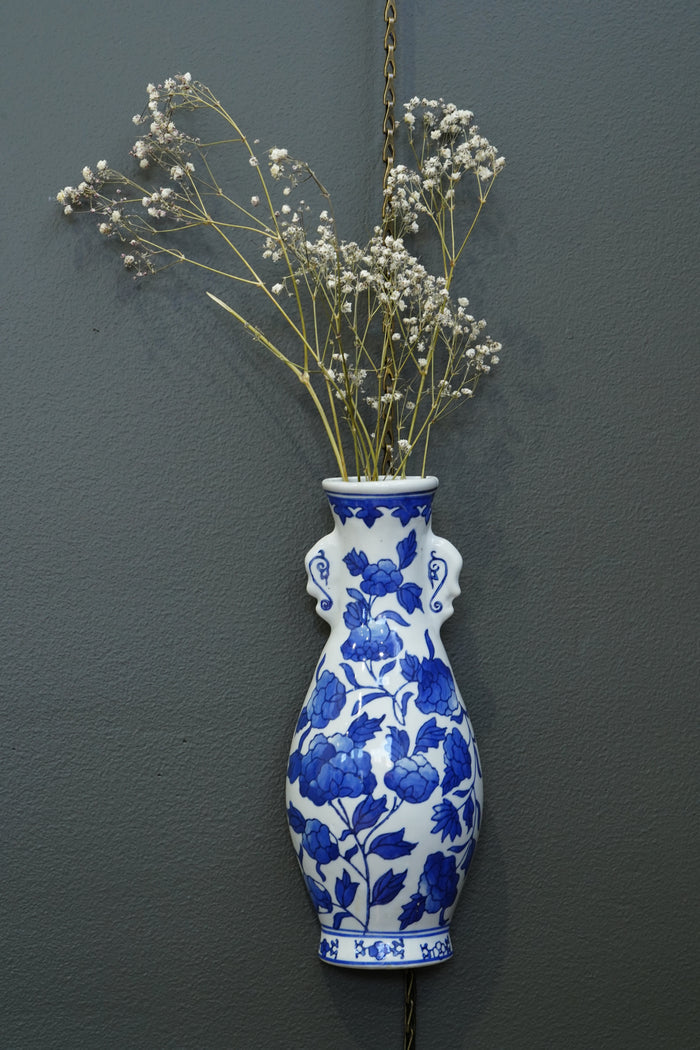 Vintage Blue and White Wall Pocket Vase, Chinoiserie Peony