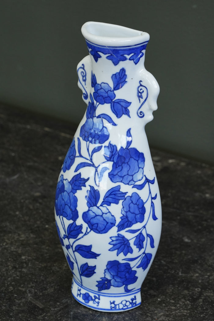 Vintage Blue and White Wall Pocket Vase, Chinoiserie Peony