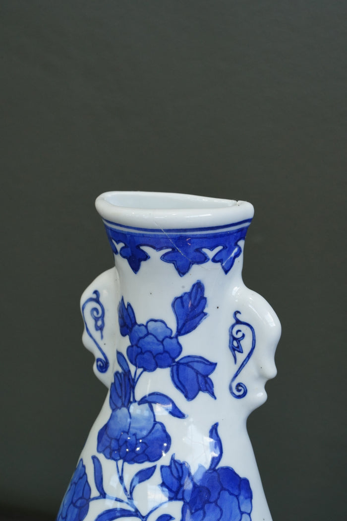 Vintage Blue and White Wall Pocket Vase, Chinoiserie Peony