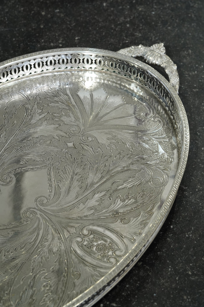 Vintage English Oval Silver Plate Gallery Tray with Shell Handles