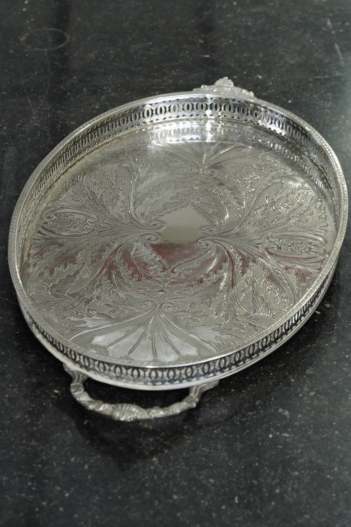 Vintage English Oval Silver Plate Gallery Tray with Shell Handles