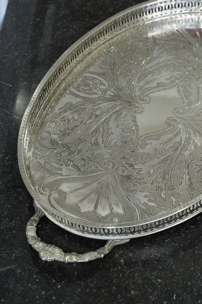 Vintage English Oval Silver Plate Gallery Tray with Shell Handles