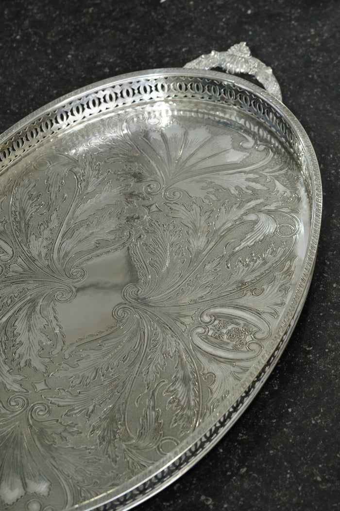 Vintage English Oval Silver Plate Gallery Tray with Shell Handles