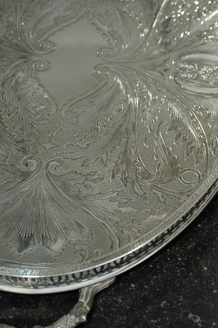 Vintage English Oval Silver Plate Gallery Tray with Shell Handles