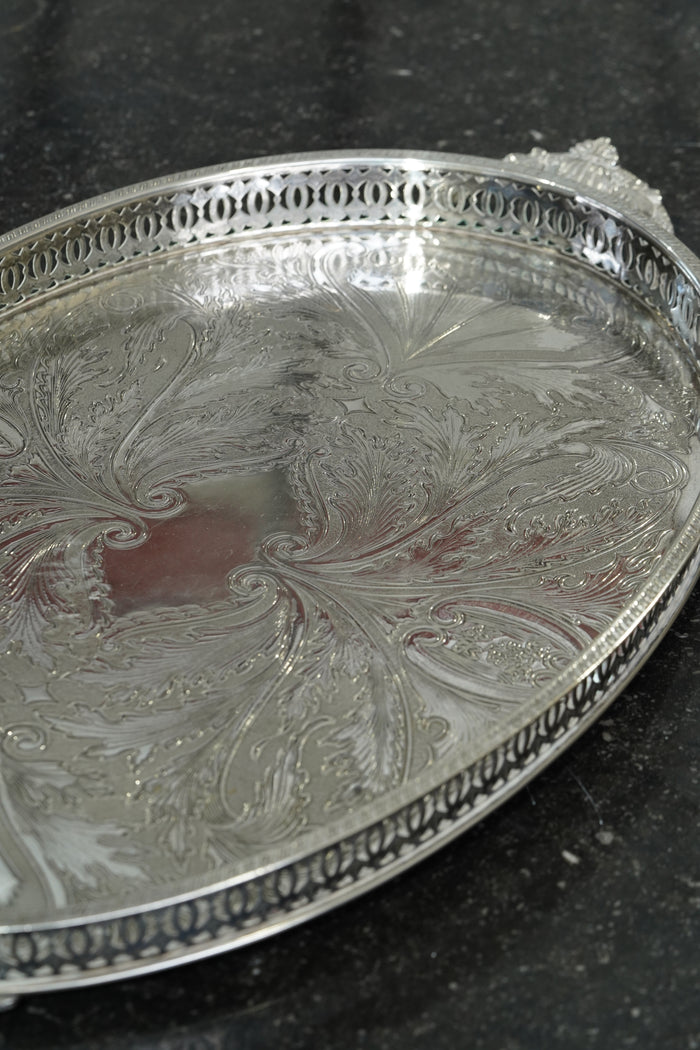 Vintage English Oval Silver Plate Gallery Tray with Shell Handles