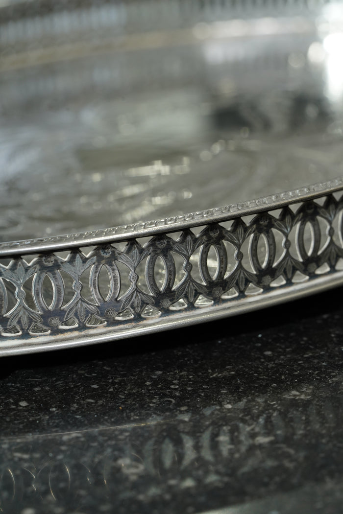 Vintage English Oval Silver Plate Gallery Tray with Shell Handles