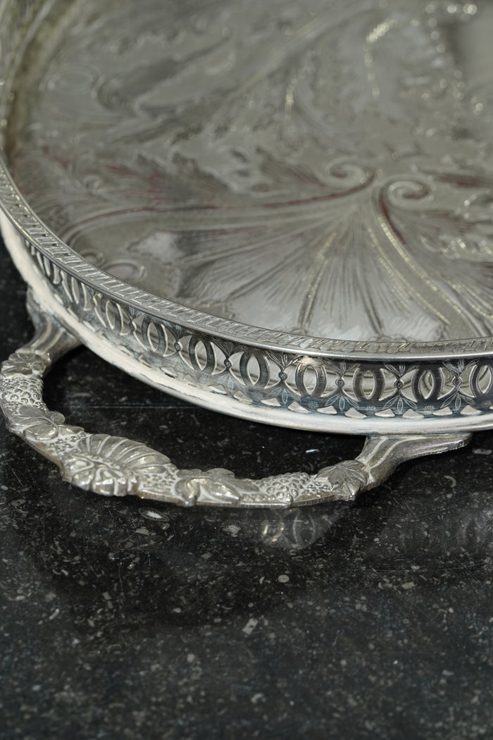 Vintage English Oval Silver Plate Gallery Tray with Shell Handles