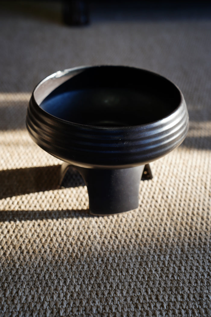 Vintage Mid-Century Matte Black Compote Bowl, Tripod Base