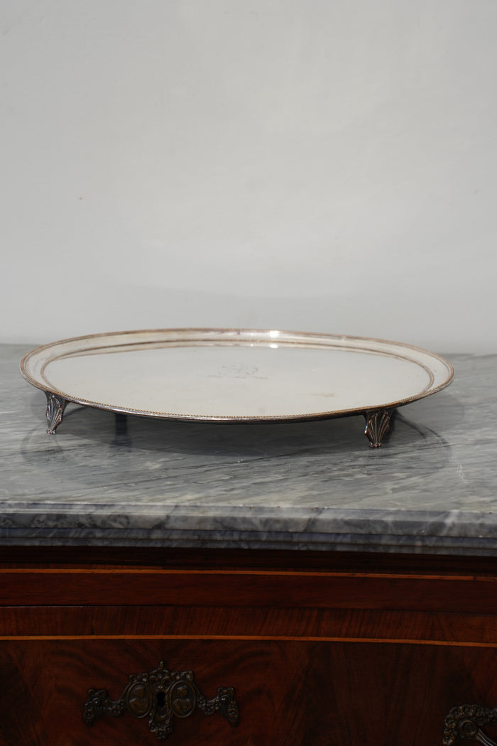 Vintage Round Silver Plate Serving Tray with Lion Crest, English