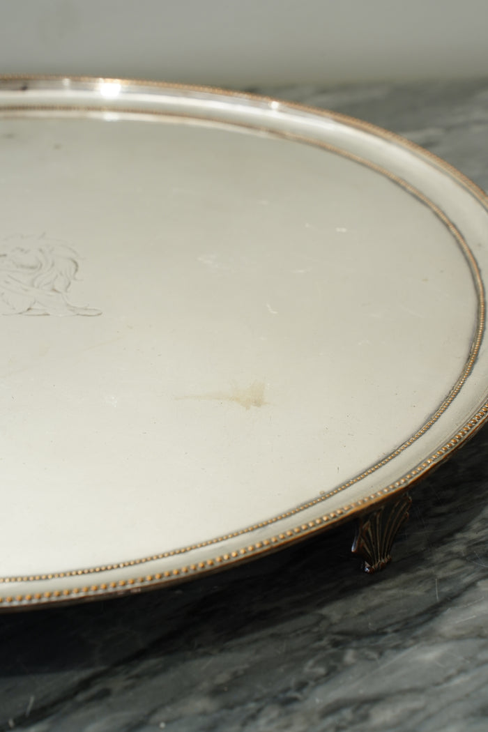 Vintage Round Silver Plate Serving Tray with Lion Crest, English