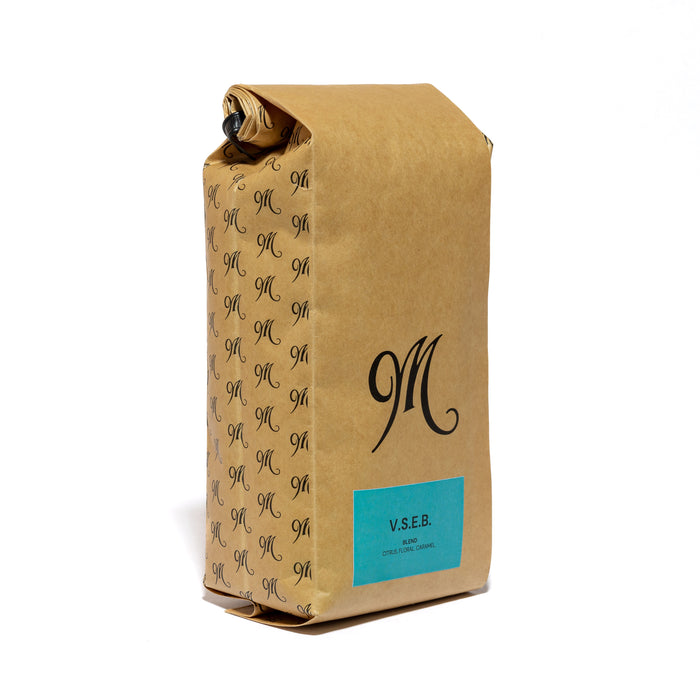 Menotti's V.S.E.B. signature espresso blend coffee — 12oz bag, detail