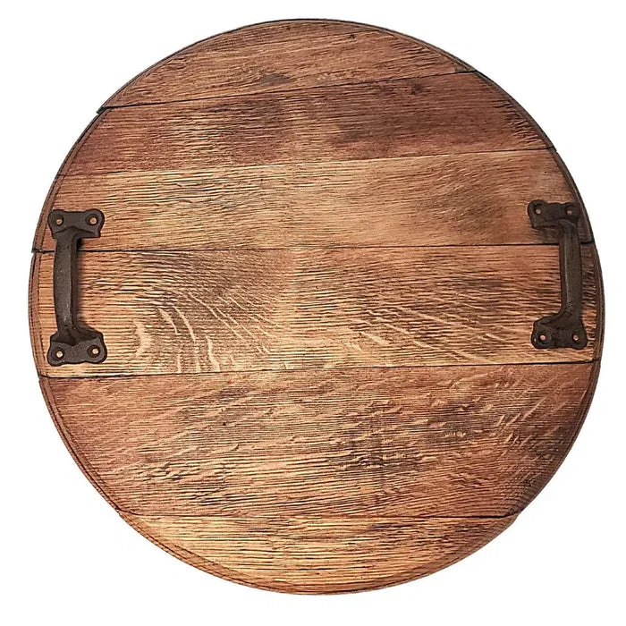 Whiskey and Wine Design Bourbon Barrel Head Serving Tray with Cast Iron Handles main image.