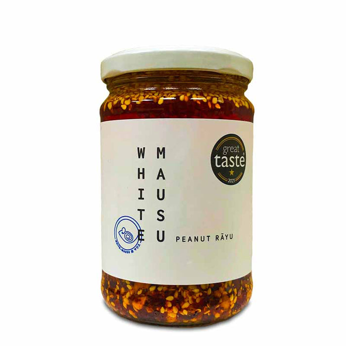 A 240g jar of White Mausu Peanut Rayu with a white label and black text.