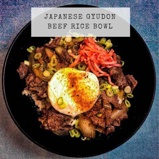 Recipe  picture for Japanese Gyudon showing beef and rice in a black bowl with a poached egg and pickled ginger