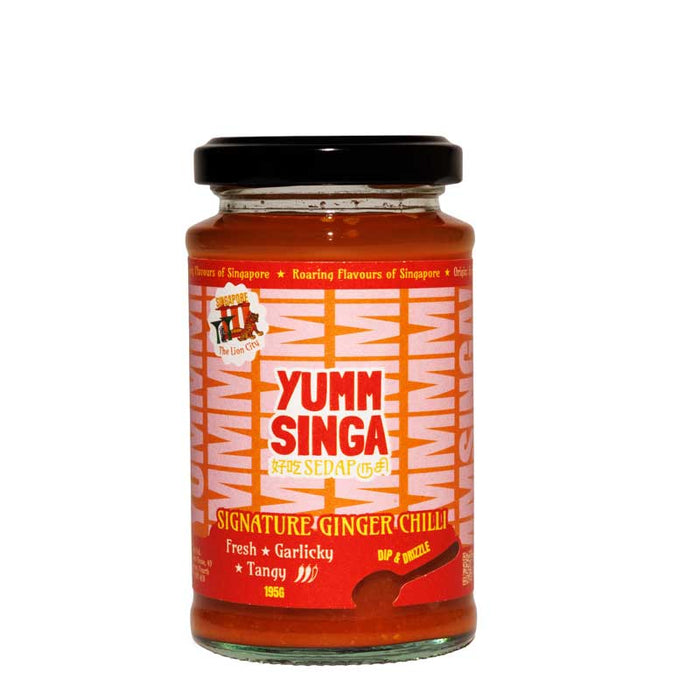 A jar of Yumm Singa Signature Ginger Chilli Sauce with red and orange branding, pictured on a white background
