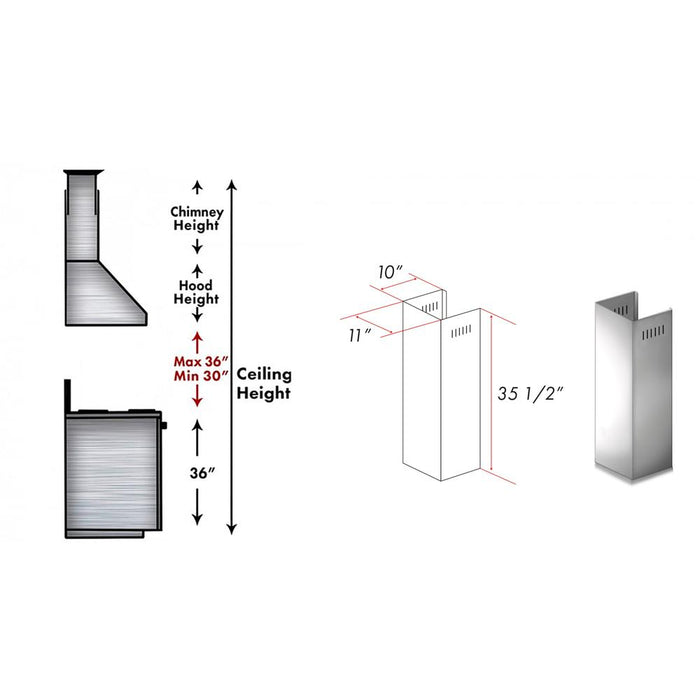 ZLINE 1-36 in. Chimney Extension for 9 ft. to 10 ft. Ceilings (1PCEXT-ALP70WL) dimensional diagram with measurements.