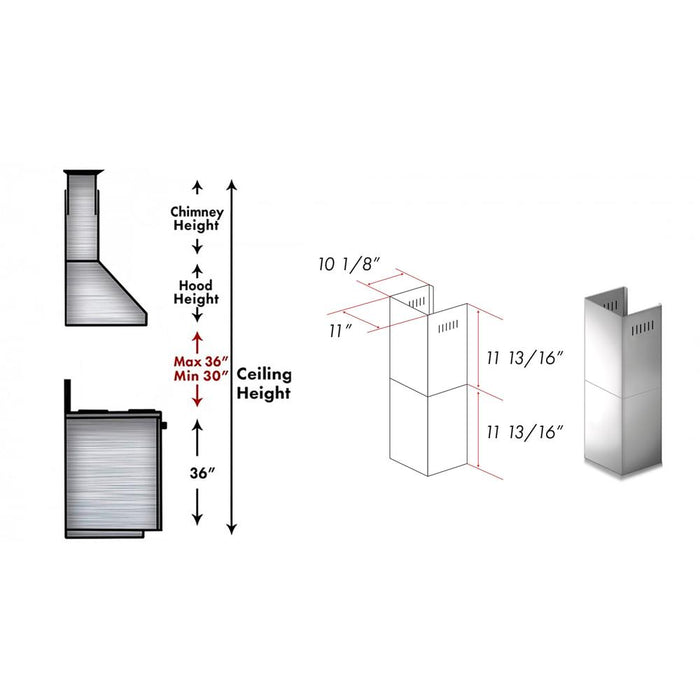 ZLINE 2-12 in. Short Chimney Pieces for 7 ft. to 8 ft. Ceilings (SK-ALP70WL) dimensional diagram with measurements.