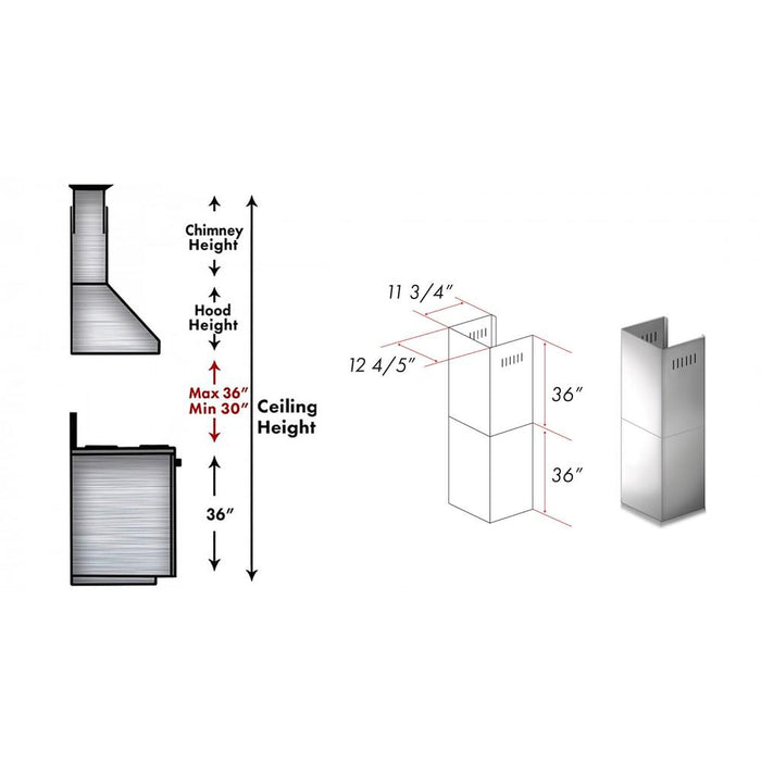 ZLINE 2-36 in. Chimney Extensions for 10 ft. to 12 ft. Ceilings (2PCEXT-ALP100WL) dimensional diagram with measurements.