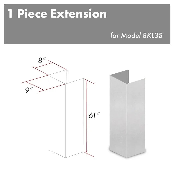 ZLINE 61 in. Satin Stainless Steel Chimney Extension for Ceilings up to 12.5 ft. (8KL3S-E) main image.