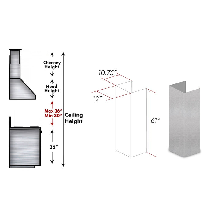 ZLINE 61 in. Satin Stainless Steel Chimney Extension for Ceilings up to 12.5 ft. (8KL3iS-E) dimensional diagram.