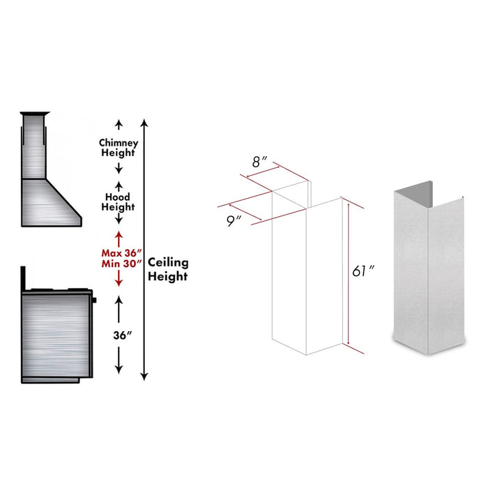 ZLINE 61 in. Satin Stainless Steel Chimney Extension for Ceilings up to 12.5 ft. (8KL3S-E) dimensional diagram.
