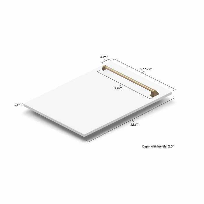 ZLINE Autograph Edition 18 in. Tallac Dishwasher Panel in White Matte with Champagne Bronze Handle (DPVZ-WM-18-CB) dimensional diagram with measurements.