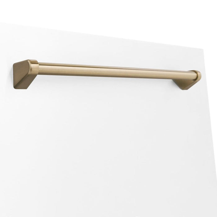 ZLINE Autograph Edition Champagne Bronze handle on White Matte dishwasher panel.