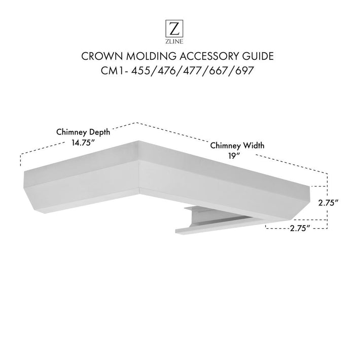 ZLINE Crown Molding 1 For Wall Range Hood (CM1-455/476/477/667/697) dimensional diagram with measurements.