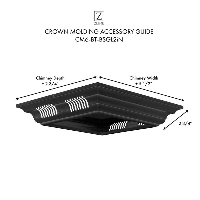 ZLINE Crown Molding in Black Stainless Steel with Built-in Bluetooth Speakers (CM6-BT-BSGL2iN) dimensional diagram with measurements.