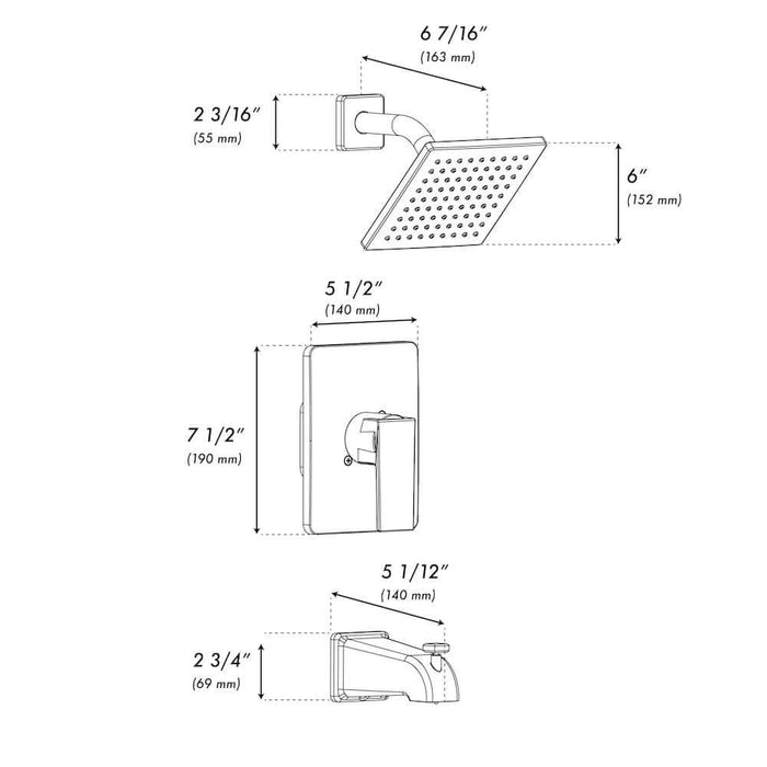 ZLINE Palisades Modern Shower System in Matte Black (RBCN2-SHS-MB) dimensional diagram.