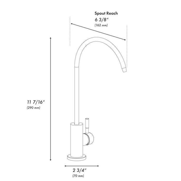 ZLINE Palisades Single Handle Drink Faucet in Matte Black (RBCN1-FBV-MB) dimensional diagram.