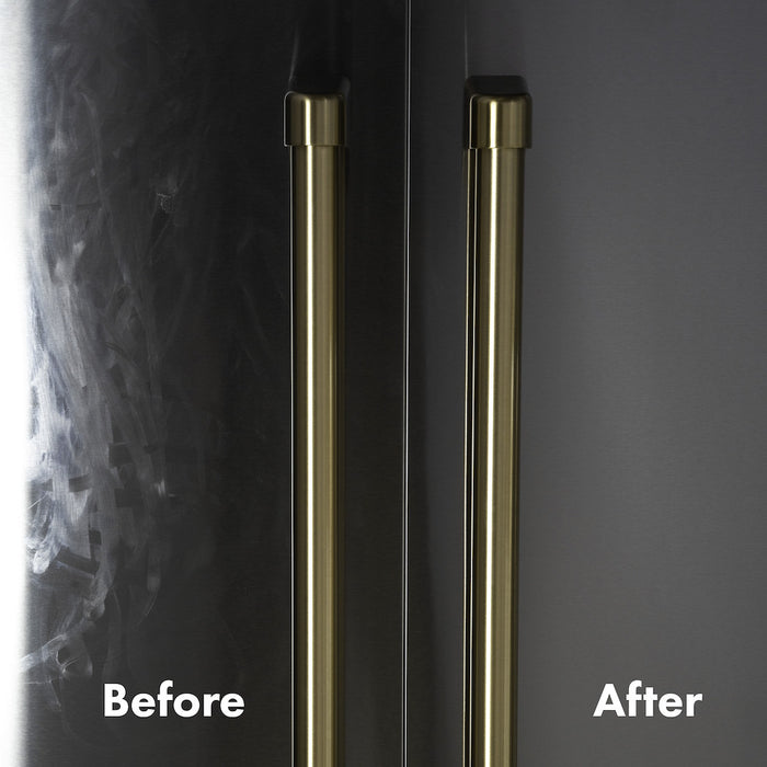 Before and after using ZLINE Stainless Steel Cleaner and Polish (STCLT-8)