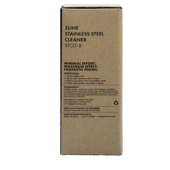 ZLINE Stainless Steel Cleaner and Polish (STCLT-8) packaging back.